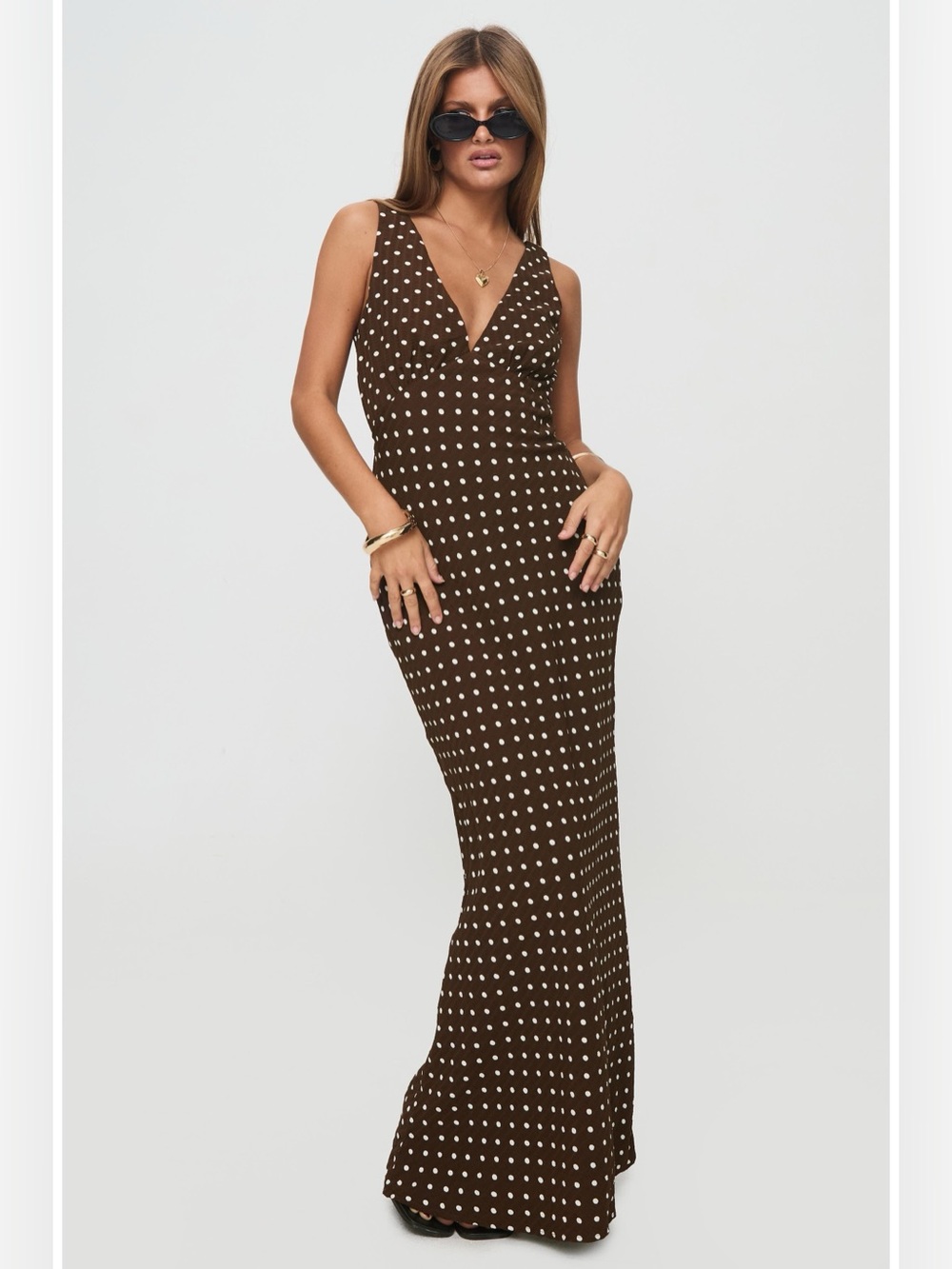 Princess Polly Nellie Brown White Polka Dot V Neck Maxi Dress Size 6